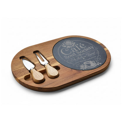 Cafe Soul Society Engraved Bamboo Charcuterie Board with Cheese Tools – 'Café Soul Society' Slate Inlay