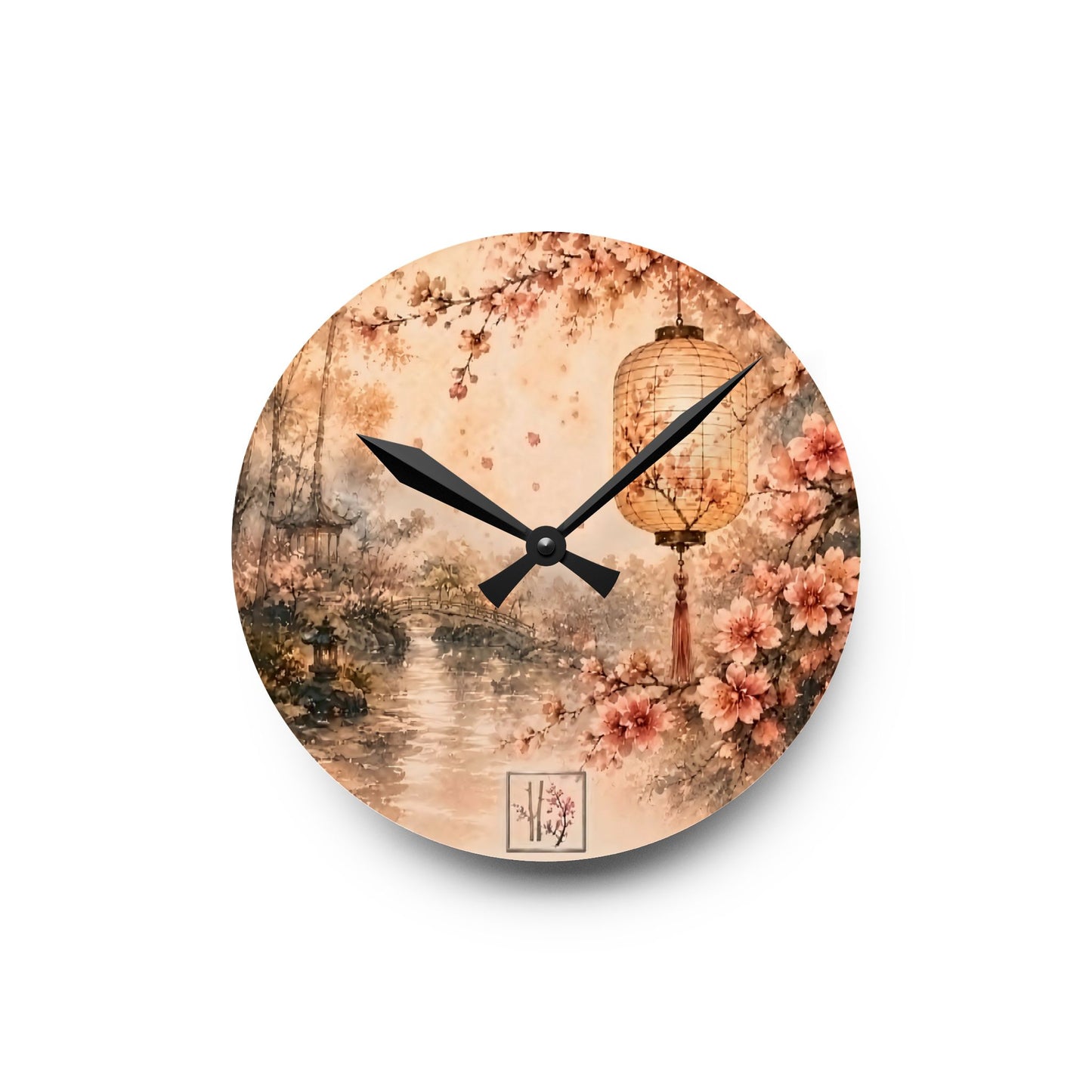 Bamboo & Blossom Collection Acrylic Wall Clock - Vintage Cherry Blossom Landscape with Lantern