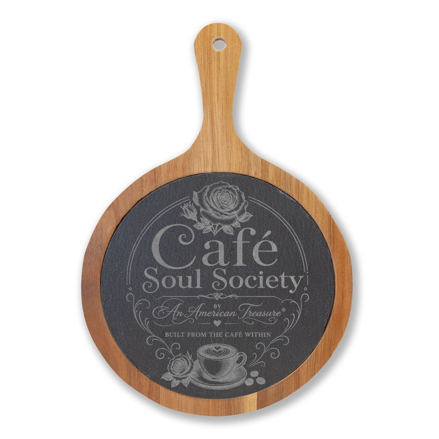 Cafe Soul Society Engraved Bamboo Charcuterie Board with Cheese Tools – 'Café Soul Society' Slate Inlay