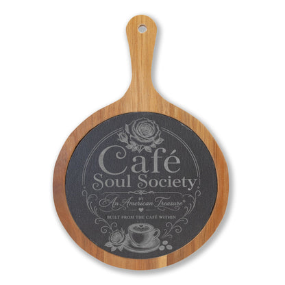 Cafe Soul Society Engraved Bamboo Charcuterie Board with Cheese Tools – 'Café Soul Society' Slate Inlay
