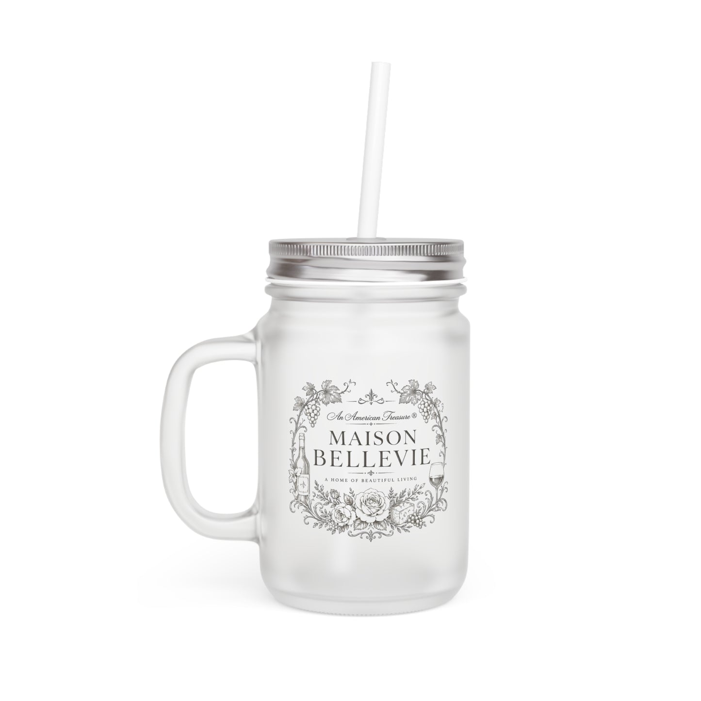 Maison Bellevie Mason Jar Tumbler with Lid & Straw — Vintage 'Maison Bellevie' Floral Glass Mug