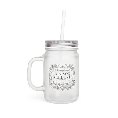 Maison Bellevie Mason Jar Tumbler with Lid & Straw — Vintage 'Maison Bellevie' Floral Glass Mug