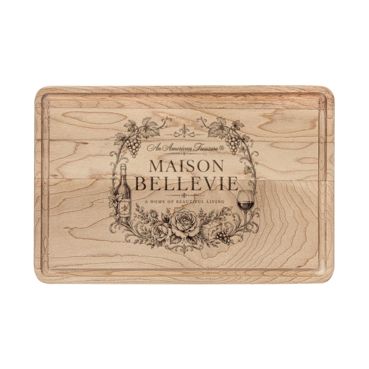 Maison Bellevie Engraved Wooden Cutting Board — Vintage Floral Design