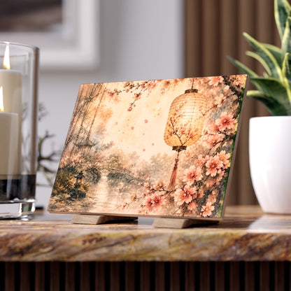 Bamboo & Blossom Collection Ceramic Photo Tile — Vintage Cherry Blossom Lantern Art Tile