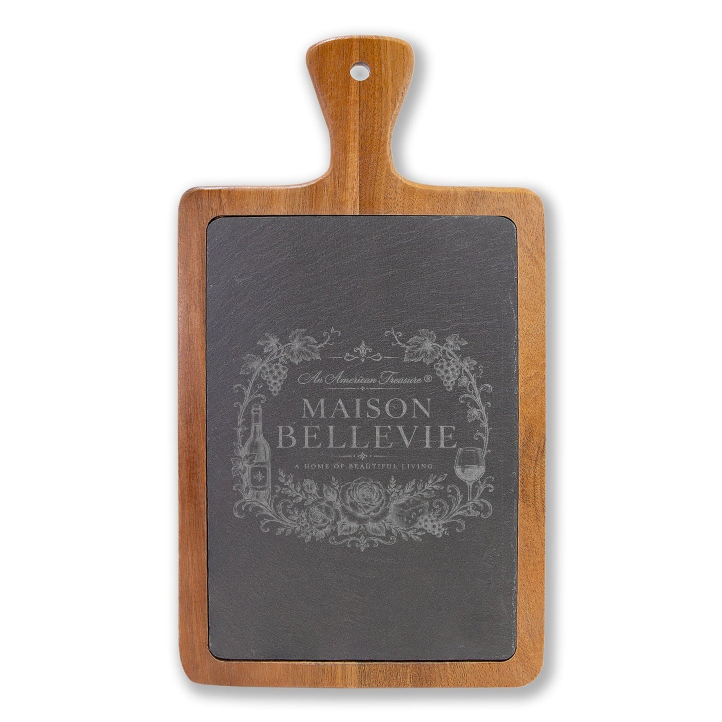 Maison Bellevie Engraved Acacia Charcuterie Board with Slate Inlay & Cheese Knives