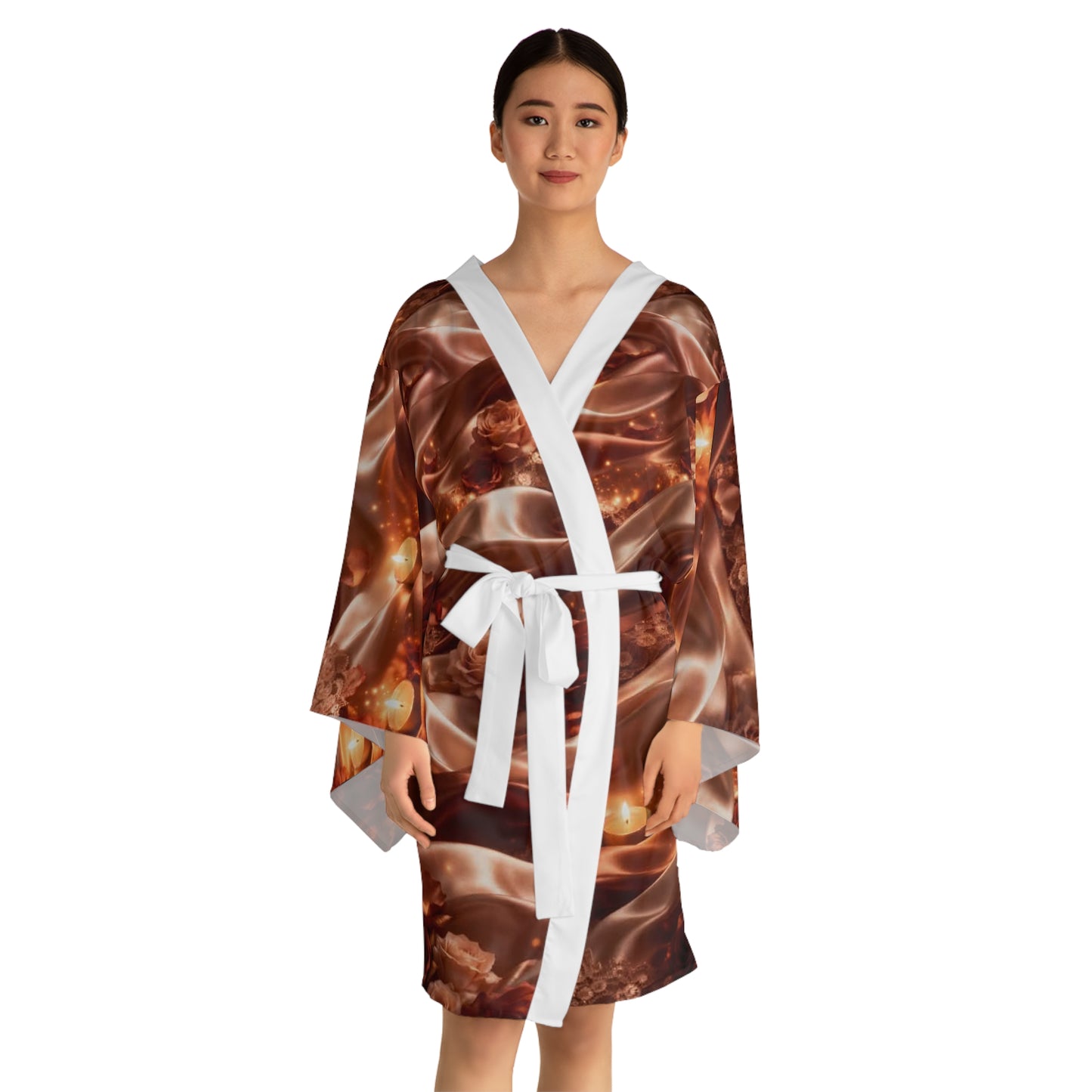 The Ginger Rose Silky Chocolate Floral Kimono Robe — Long Sleeve AOP Loungewear