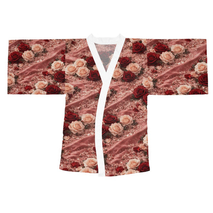 The Velvet Rose Kimono Robe — Vintage Red & Blush All-Over Print