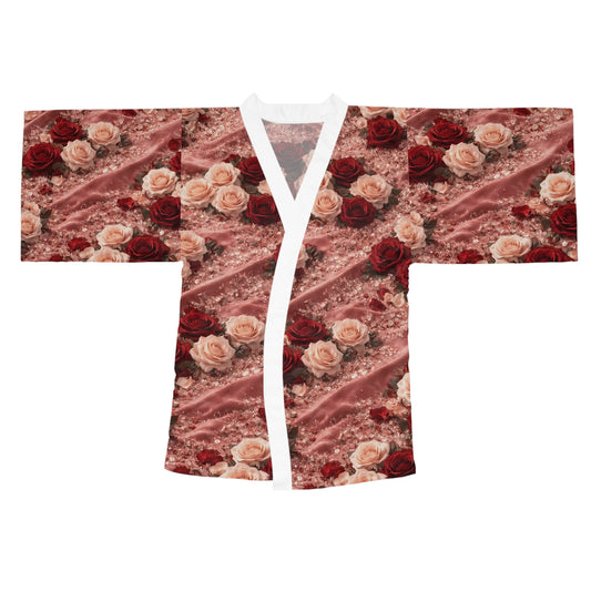 The Velvet Rose Kimono Robe — Vintage Red & Blush All-Over Print