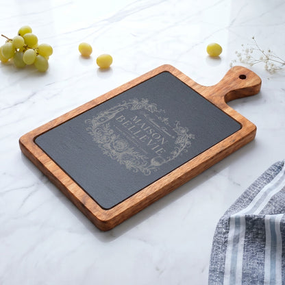 Maison Bellevie Engraved Acacia Charcuterie Board with Slate Inlay & Cheese Knives