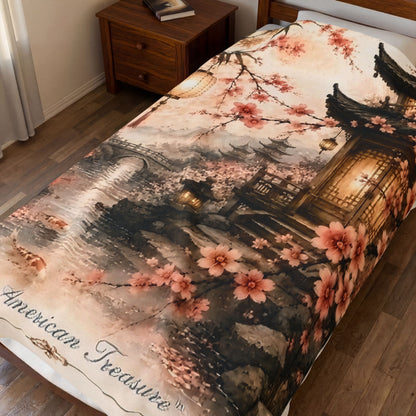Bamboo & Blossom Velveteen Plush Blanket — Cherry Blossom Lantern Japanese Garden Throw
