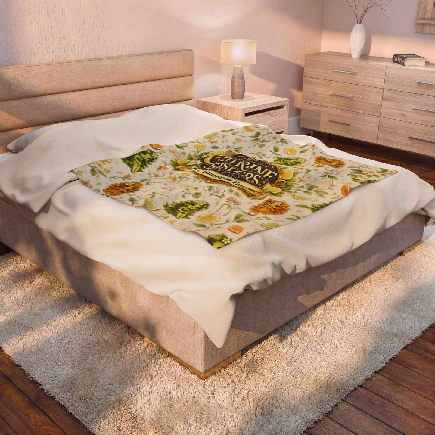 The Citrine Sisters Velveteen Plush Blanket — The Citrine Sisters Floral Citrus Logo Throw Limited Edition Series One Design One
