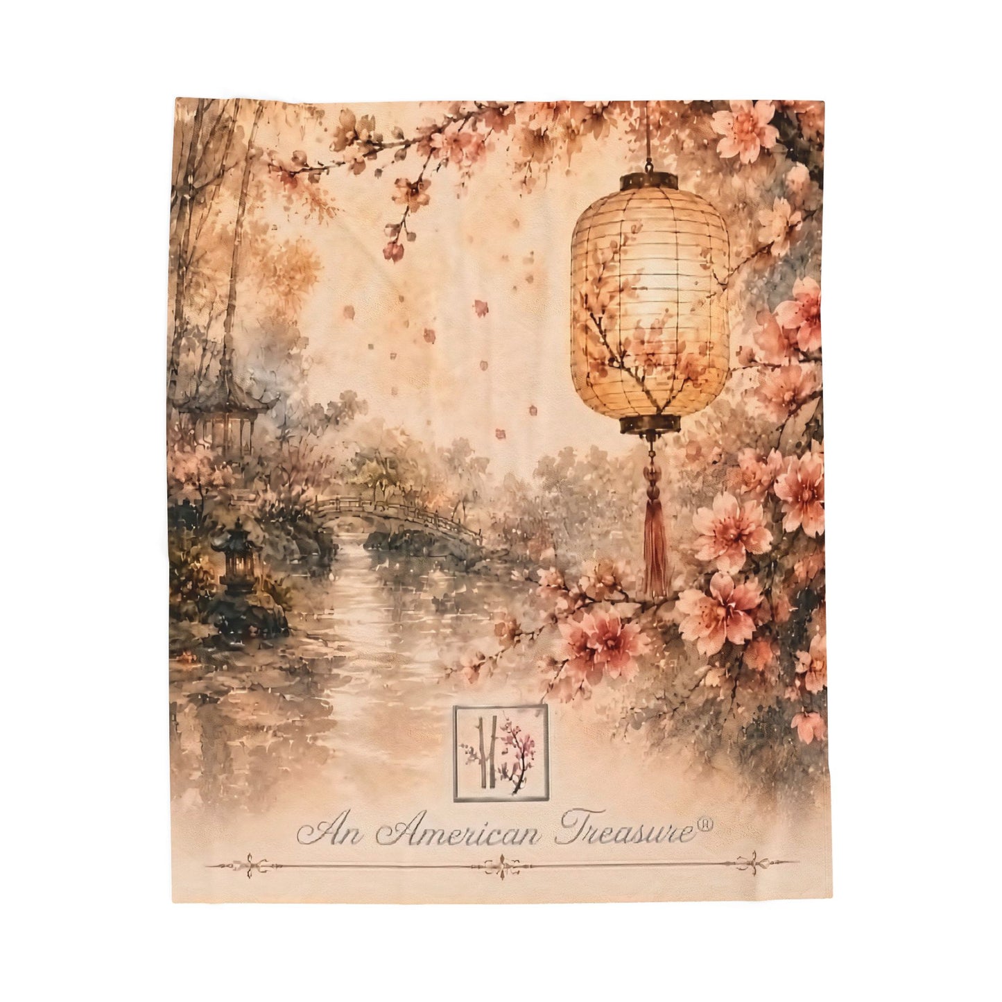 Bamboo & Blossom Velveteen Blanket - Cherry Blossom Lantern Scenic Throw (An American Treasure)
