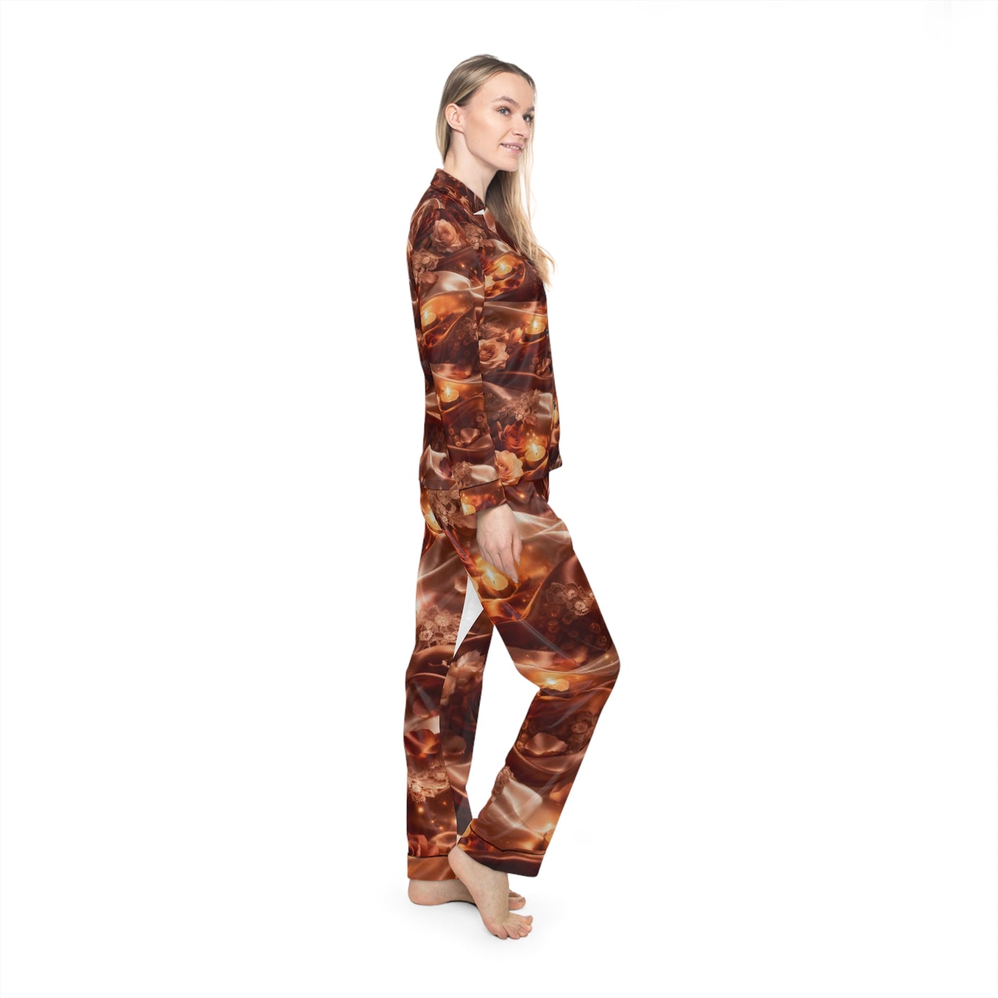The Ginger Flame Satin Pajama Set — Cozy Brown Marble Luxe Sleepwear
