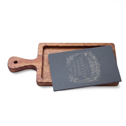 Maison Bellevie Engraved Acacia Charcuterie Board with Slate Inlay & Cheese Knives