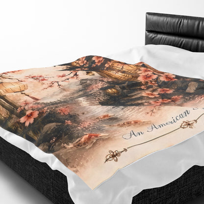 Bamboo & Blossom Velveteen Plush Blanket — Cherry Blossom Lantern Japanese Garden Throw