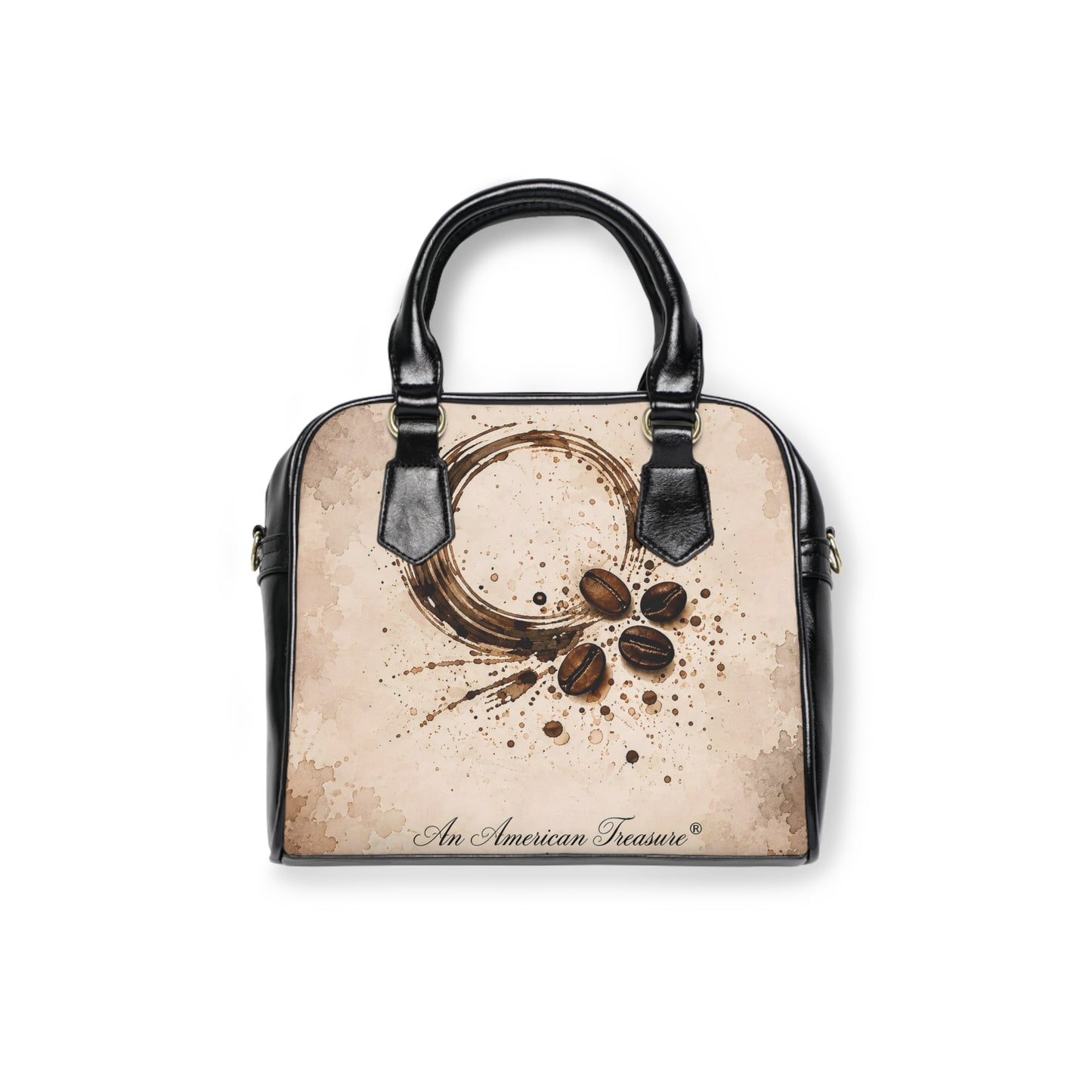 Espresso Yourself Couture Collection : Coffee Art Shoulder Handbag – Vintage Coffee Ring & Beans Print - Collection One  - Style Two