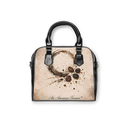 Espresso Yourself Couture Collection : Coffee Art Shoulder Handbag – Vintage Coffee Ring & Beans Print - Collection One  - Style Two