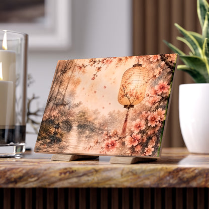 Bamboo & Blossom Collection Ceramic Photo Tile — Vintage Cherry Blossom Lantern Art Tile