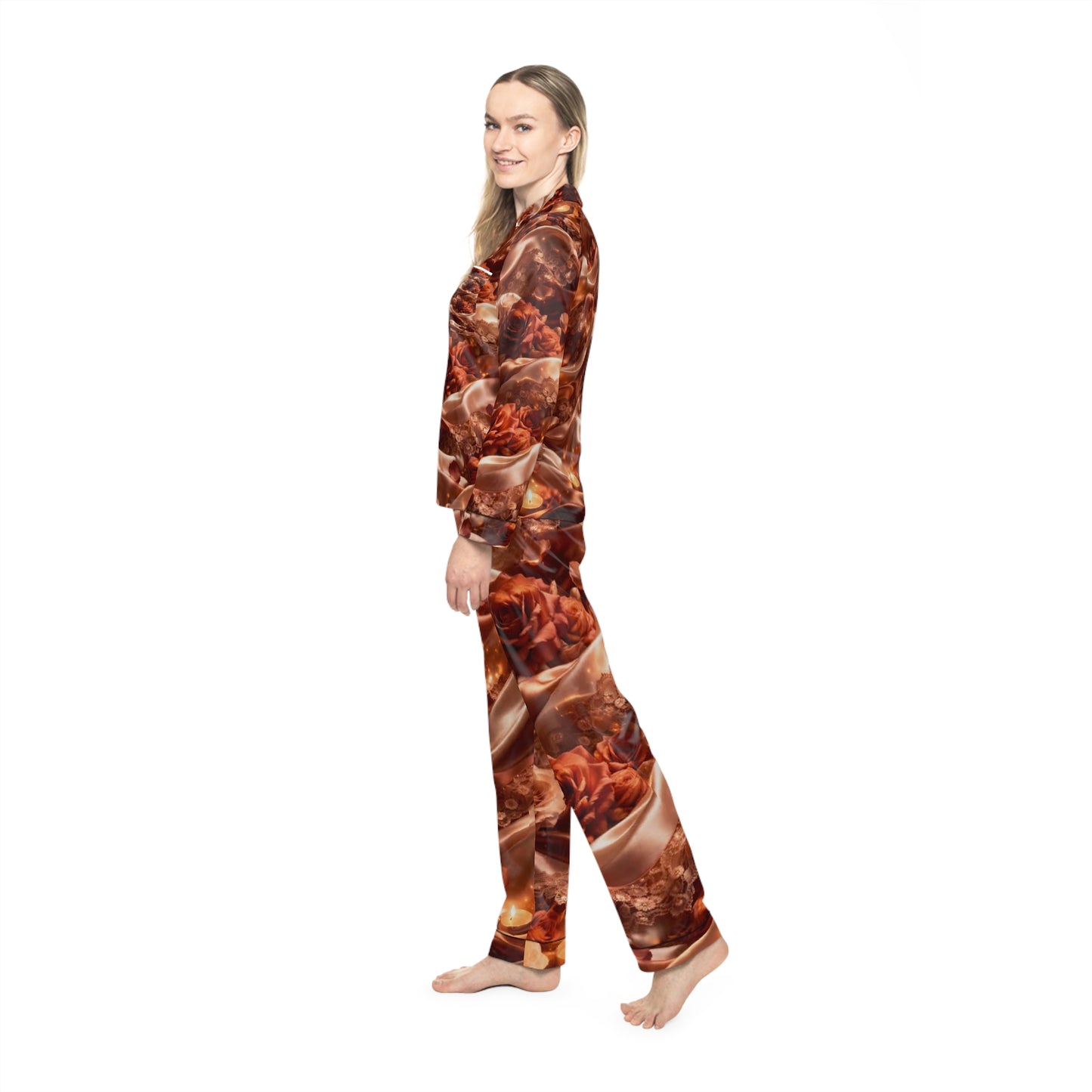 The Ginger Flame Satin Pajama Set — Cozy Brown Marble Luxe Sleepwear