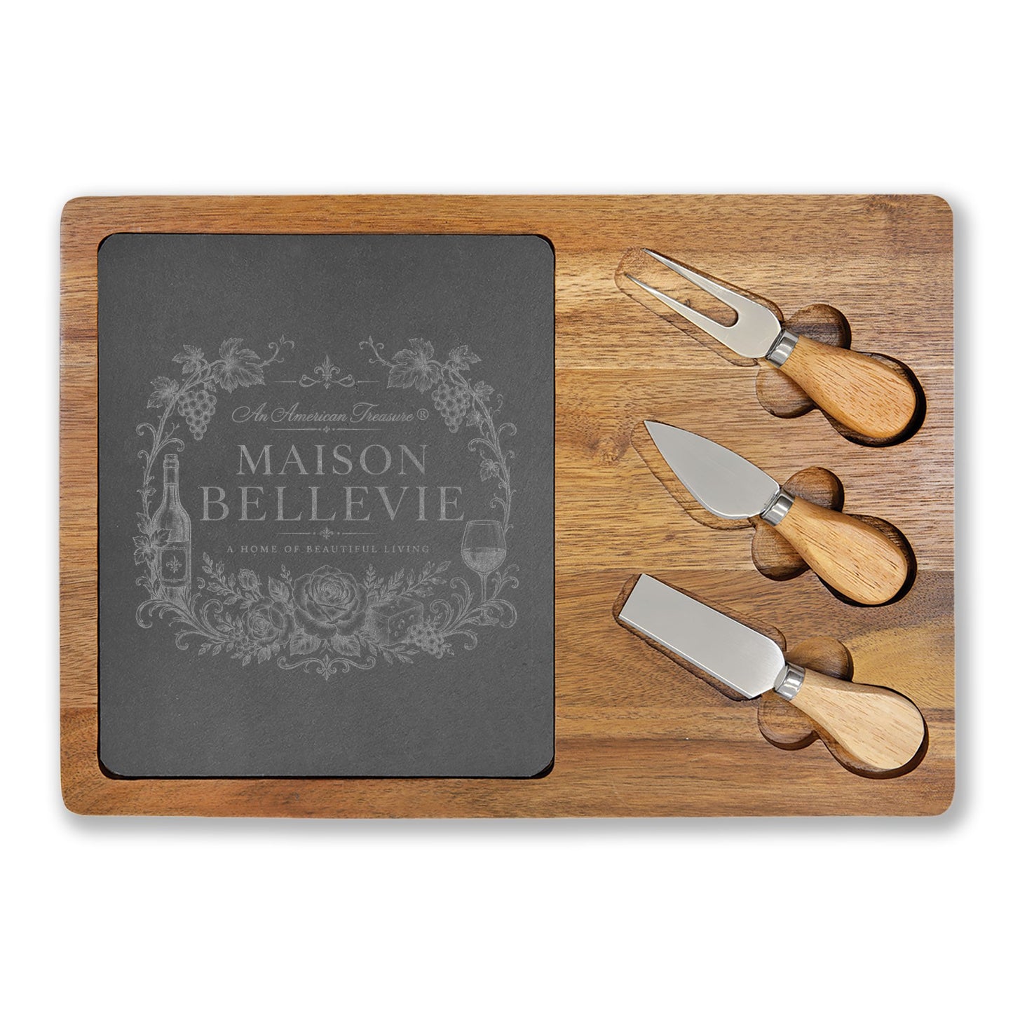 Maison Bellevie Engraved Acacia Charcuterie Board with Slate Inlay & Cheese Knives