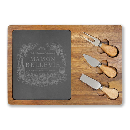 Maison Bellevie Engraved Acacia Charcuterie Board with Slate Inlay & Cheese Knives