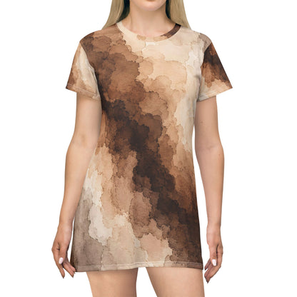 Espresso Yourself Couture Collection : Watercolor Coffee Brown T-Shirt Dress – AOP Abstract Earth-Tone Shift Dress - Collection One  - Style Two