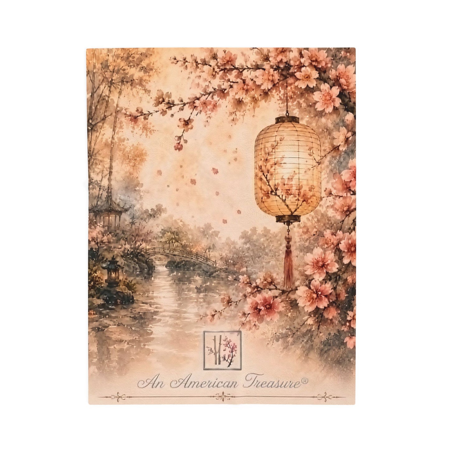 Bamboo & Blossom Velveteen Blanket - Cherry Blossom Lantern Scenic Throw (An American Treasure)