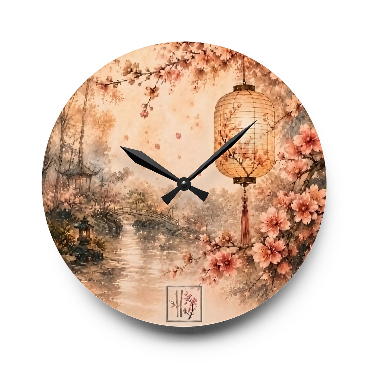 Bamboo & Blossom Collection Acrylic Wall Clock - Vintage Cherry Blossom Landscape with Lantern