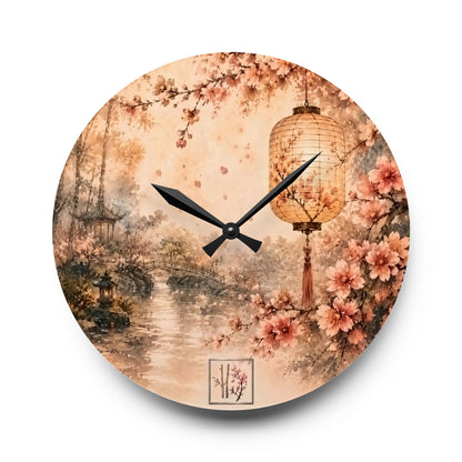 Bamboo & Blossom Collection Acrylic Wall Clock - Vintage Cherry Blossom Landscape with Lantern