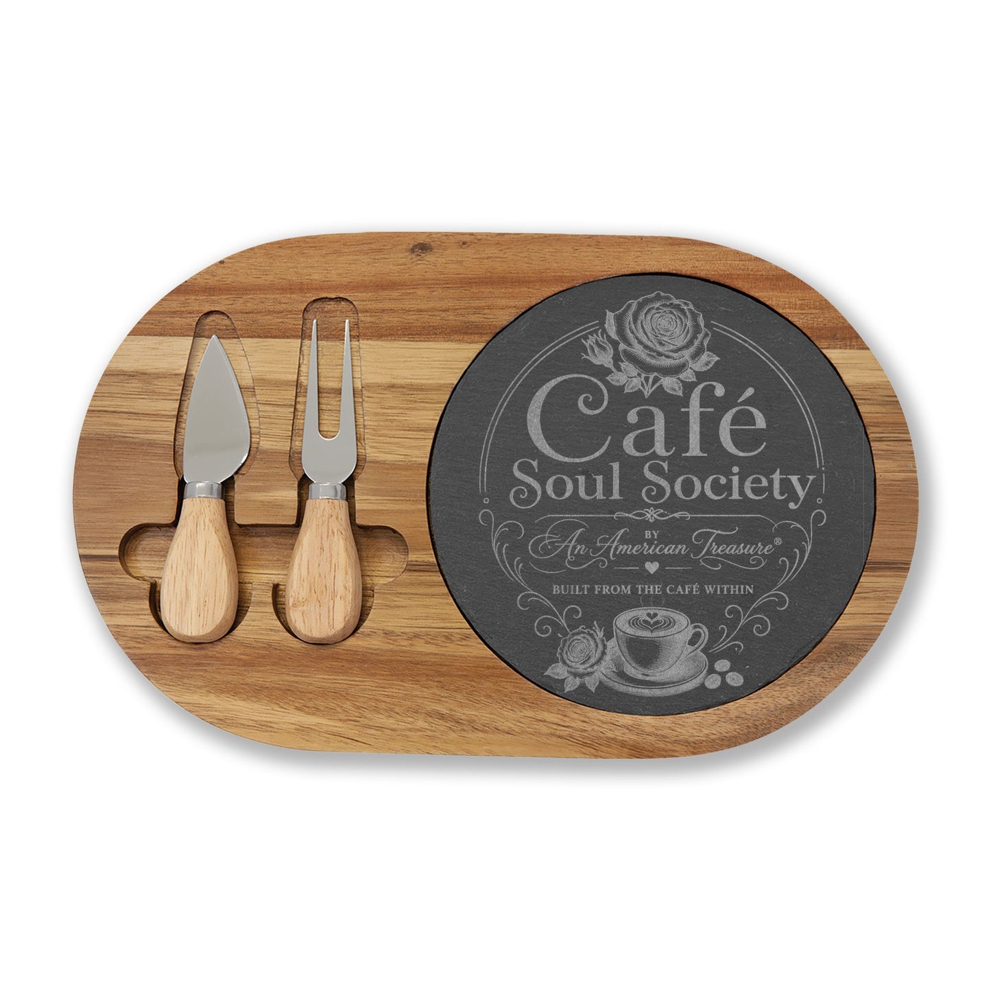 Cafe Soul Society Engraved Bamboo Charcuterie Board with Cheese Tools – 'Café Soul Society' Slate Inlay