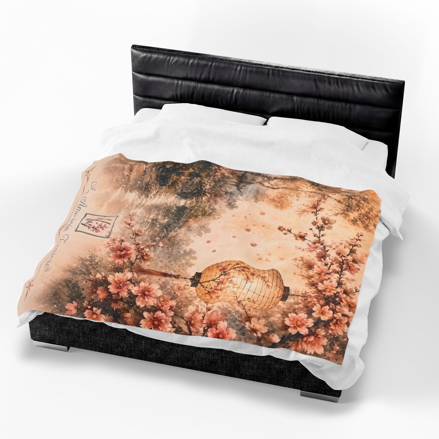 Bamboo & Blossom Velveteen Blanket - Cherry Blossom Lantern Scenic Throw (An American Treasure)