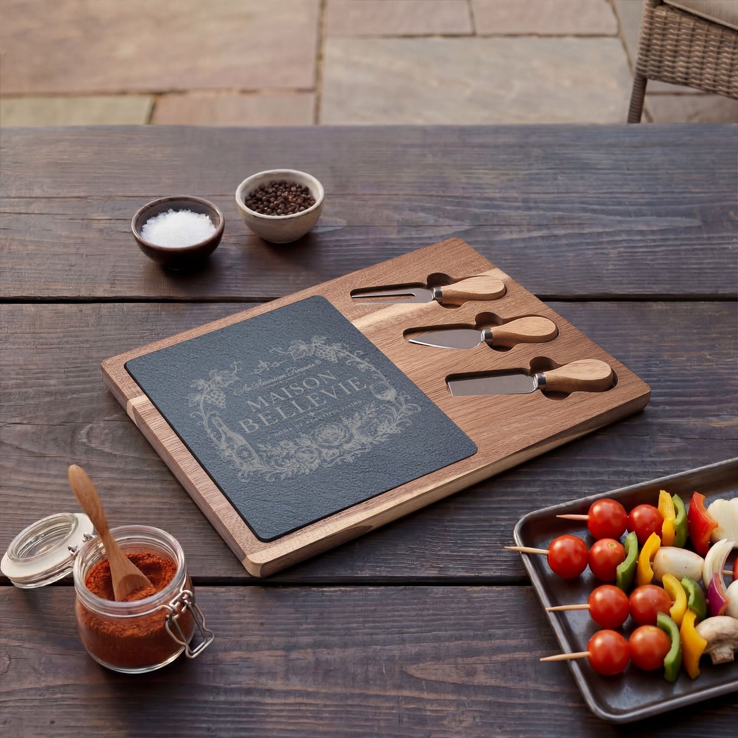 Maison Bellevie Engraved Acacia Charcuterie Board with Slate Inlay & Cheese Knives