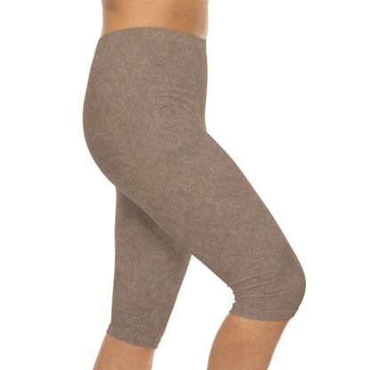 Espresso Yourself Couture Collection : Taupe Paisley Capri Leggings — Women's Printed Comfort Crop Leggings - Collection One - Style One