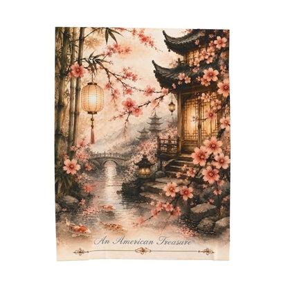 Bamboo & Blossom Velveteen Plush Blanket — Cherry Blossom Lantern Japanese Garden Throw