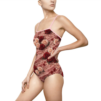 The Velvet Rose One-Piece Swimsuit – Vintage Red & Blush Floral Print