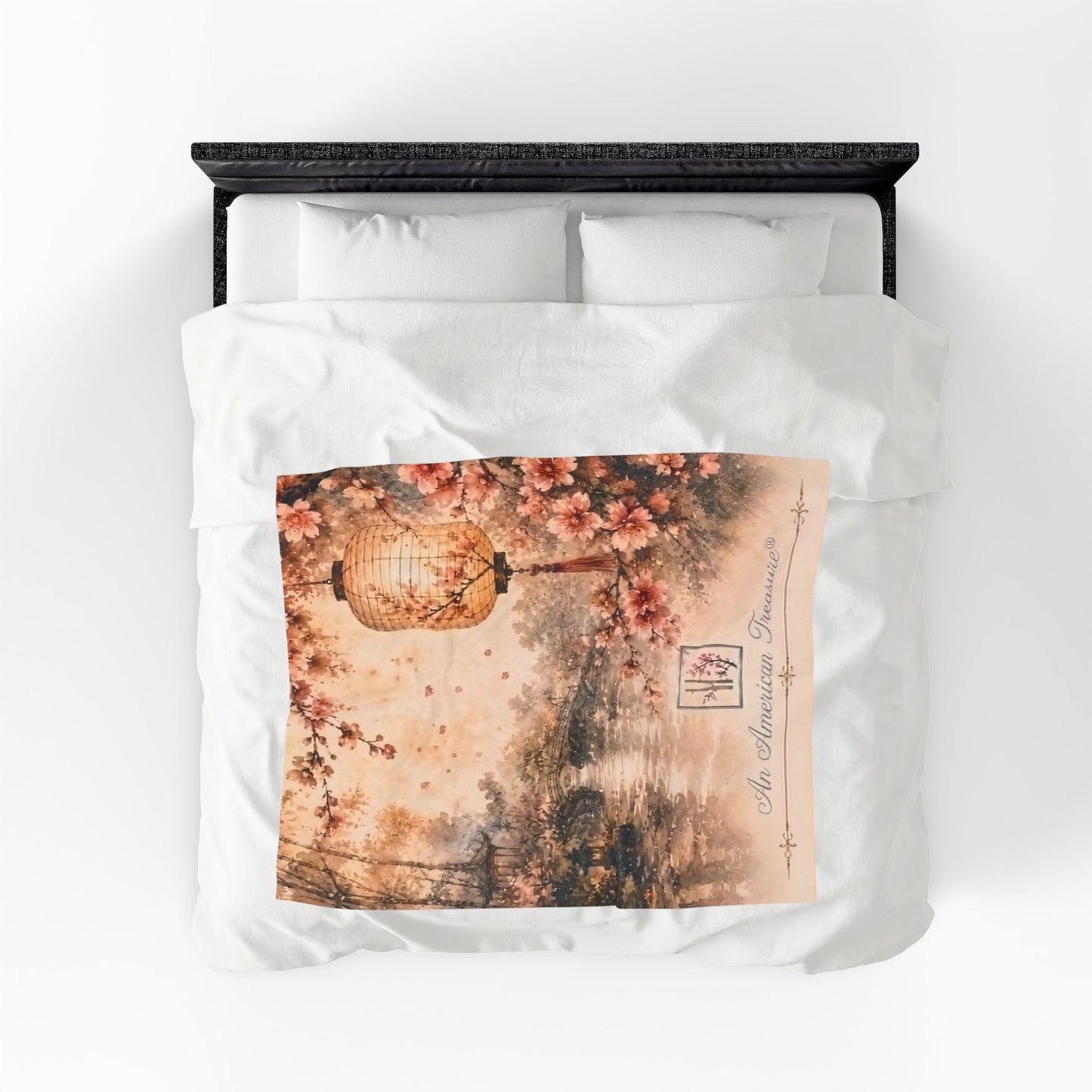 Bamboo & Blossom Velveteen Blanket - Cherry Blossom Lantern Scenic Throw (An American Treasure)