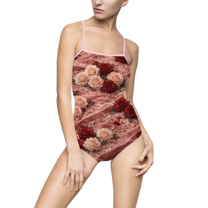 The Velvet Rose One-Piece Swimsuit – Vintage Red & Blush Floral Print