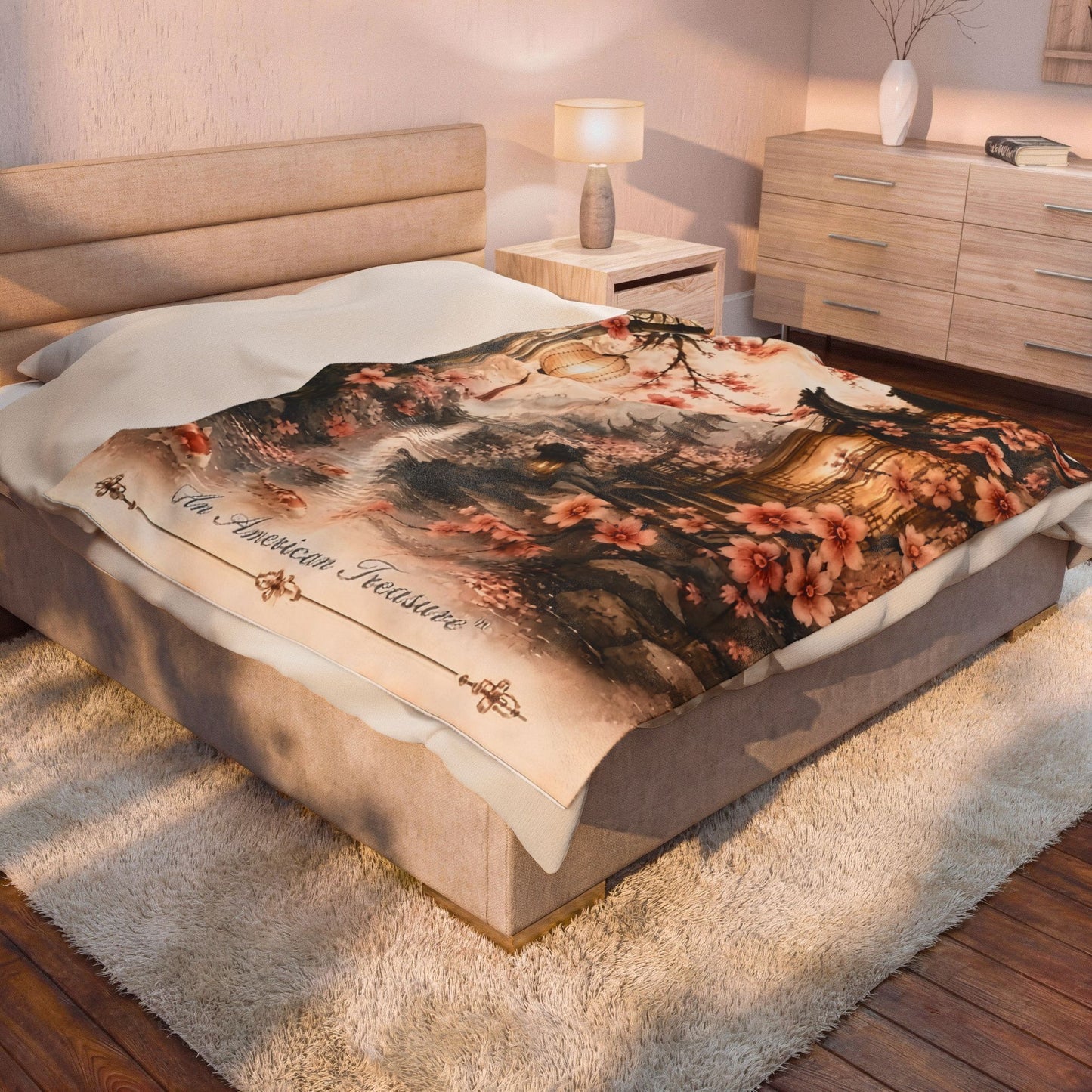 Bamboo & Blossom Velveteen Plush Blanket — Cherry Blossom Lantern Japanese Garden Throw