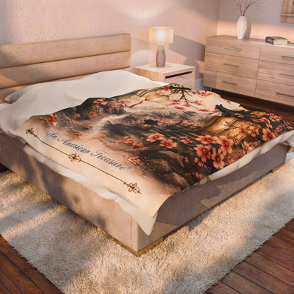 Bamboo & Blossom Velveteen Plush Blanket — Cherry Blossom Lantern Japanese Garden Throw