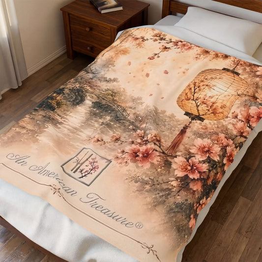 Bamboo & Blossom Velveteen Blanket - Cherry Blossom Lantern Scenic Throw (An American Treasure)