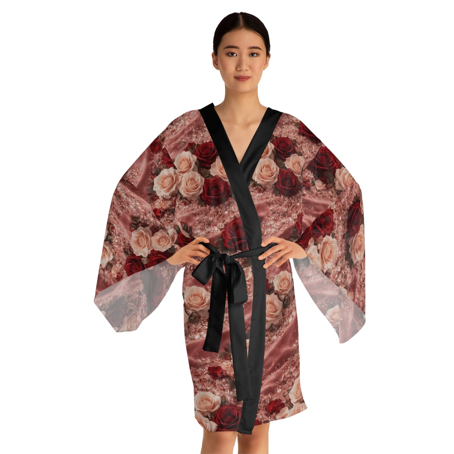 The Velvet Rose Kimono Robe — Vintage Red & Blush All-Over Print