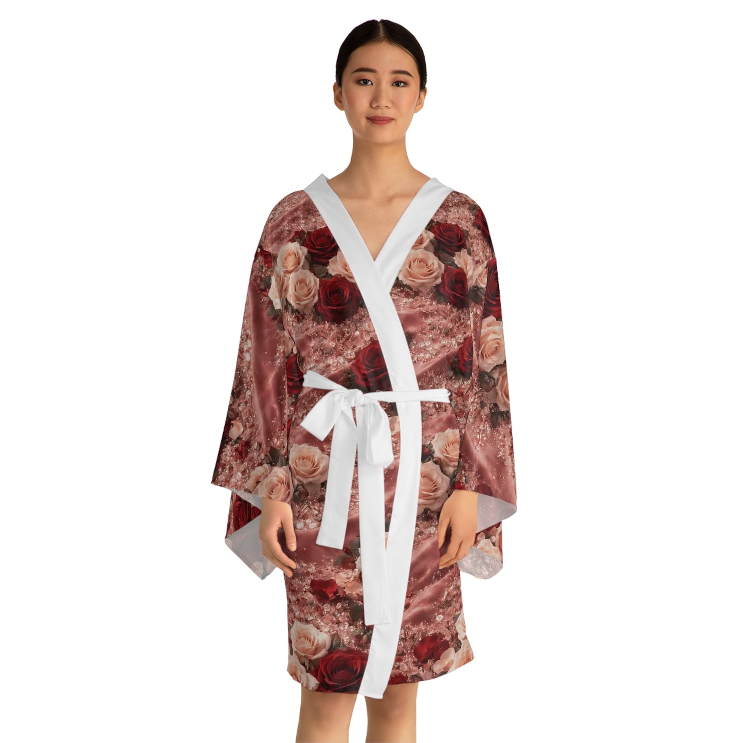 The Velvet Rose Kimono Robe — Vintage Red & Blush All-Over Print