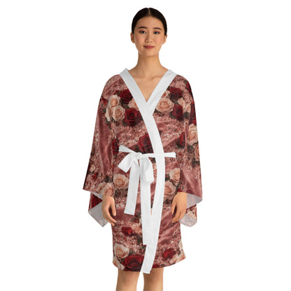 The Velvet Rose Kimono Robe — Vintage Red & Blush All-Over Print