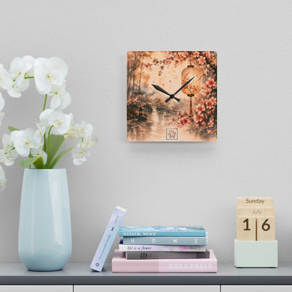 Bamboo & Blossom Collection Acrylic Wall Clock - Vintage Cherry Blossom Landscape with Lantern