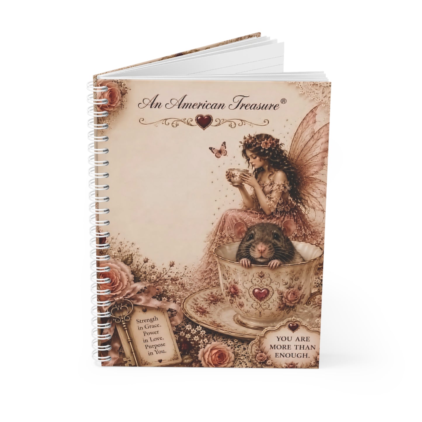 RattaCutie Couture Limited Edition Spiral Notebook — Vintage Fairy Tea Cup Journal with 'An American Treasure' Design