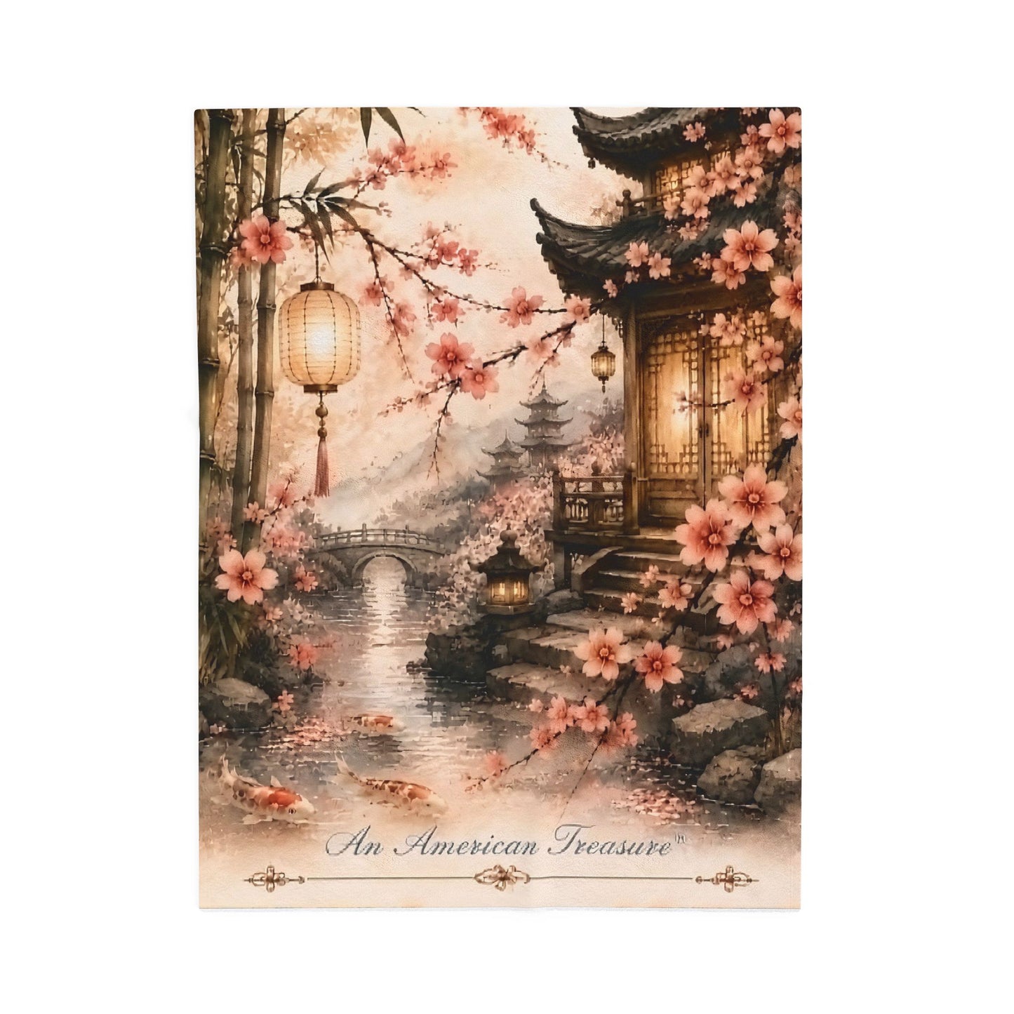 Bamboo & Blossom Velveteen Plush Blanket — Cherry Blossom Lantern Japanese Garden Throw