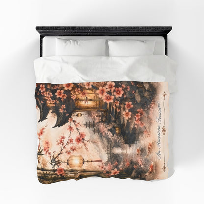 Bamboo & Blossom Velveteen Plush Blanket — Cherry Blossom Lantern Japanese Garden Throw