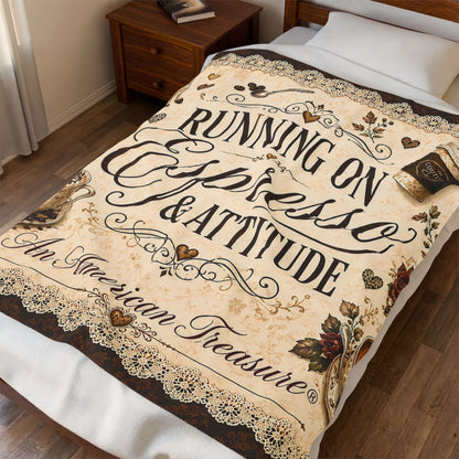 Espresso Yourself Couture Collection Velveteen Plush Blanket - "Running on Espresso & Attitude" Coffee Lover Throw - Collection One  - Style One