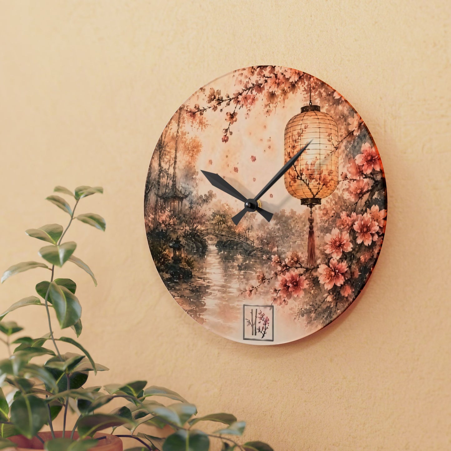 Bamboo & Blossom Collection Acrylic Wall Clock - Vintage Cherry Blossom Landscape with Lantern