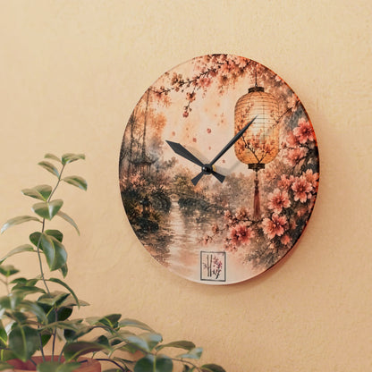 Bamboo & Blossom Collection Acrylic Wall Clock - Vintage Cherry Blossom Landscape with Lantern